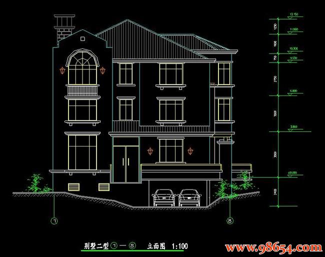 首层面积279平方米3层别墅设计施工图正立面图