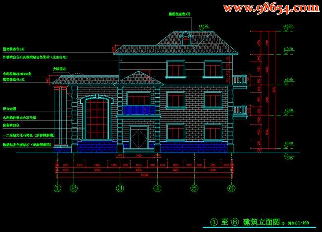 三层5室3厅3卫住宅别墅设计详图正立面图