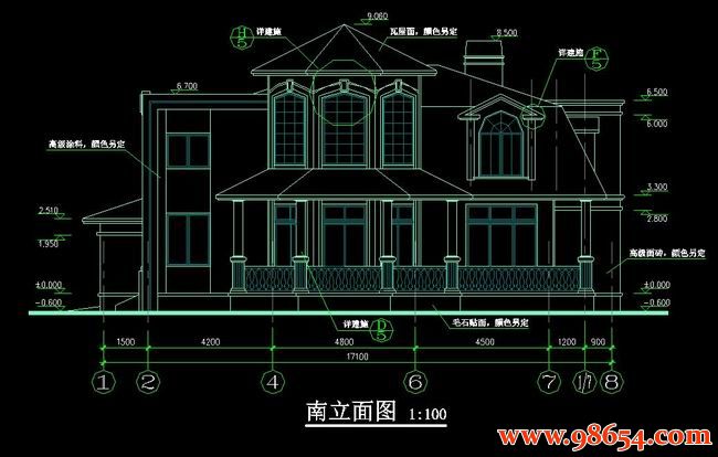 首层面积342平方米2层独栋别墅设计施工图正立面图