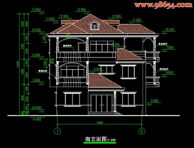 三层5室3厅5卫乡村住宅别墅全套建筑结构图正立面图