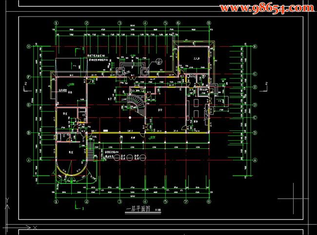 三层大型豪华别墅建筑施工图一楼平面图