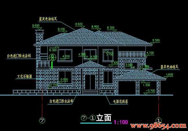 首层面积252平方米2层别墅建筑施工图正立面图