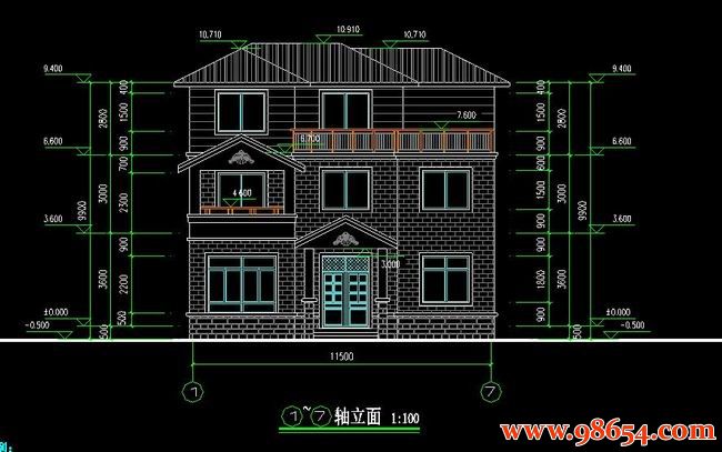 首层面积116平方米3层别墅建筑设计施工图正立面图