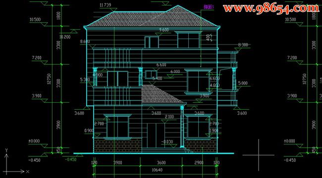 三层新农村花园别墅建筑施工图正立面图