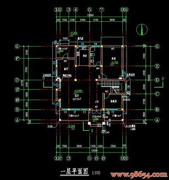 首层面积130平方米2层带阁楼别墅施工图一楼平面图