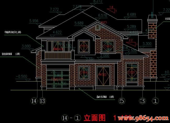 首层面积270平方米2层别墅施工图正立面图