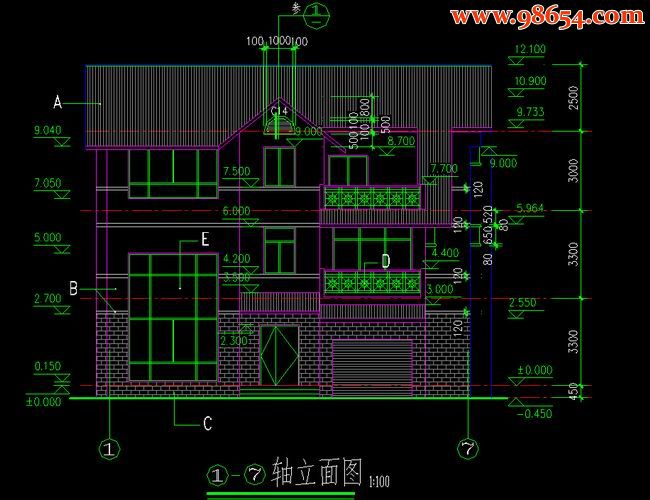 首层240平方米3层精装别墅施工图正立面图