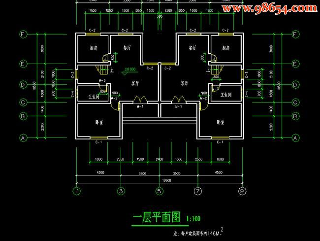 首层面积176平方米2层双拼住宅施工图一楼平面图