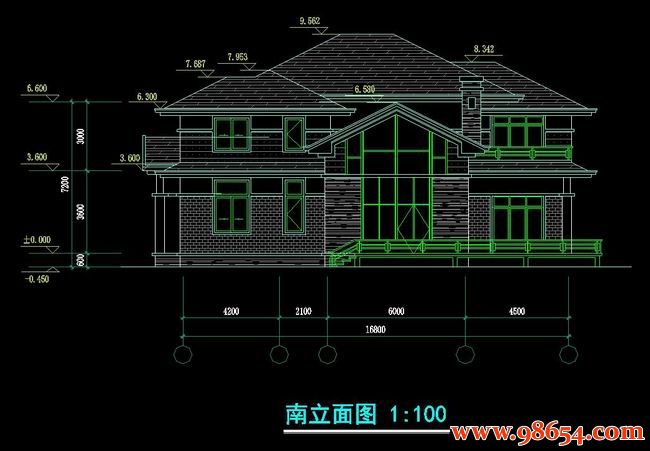 首层面积302平方米2层框架结构别墅施工图正立面图