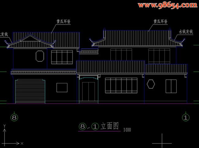 两层360平米古建别墅建筑图B正立面图