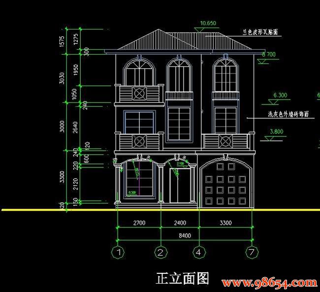 首层面积105平方米3层农村别墅设计施工图正立面图