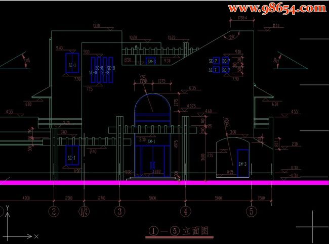 三层大型豪华别墅平剖面施工图正立面图