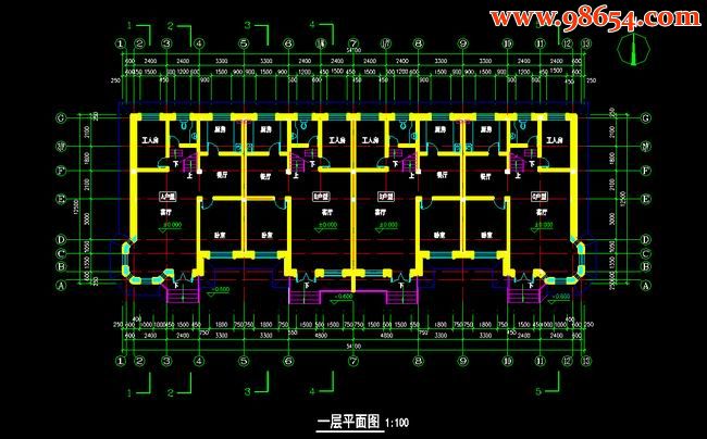 首层100四户两层排屋别墅平立剖面图一楼平面图