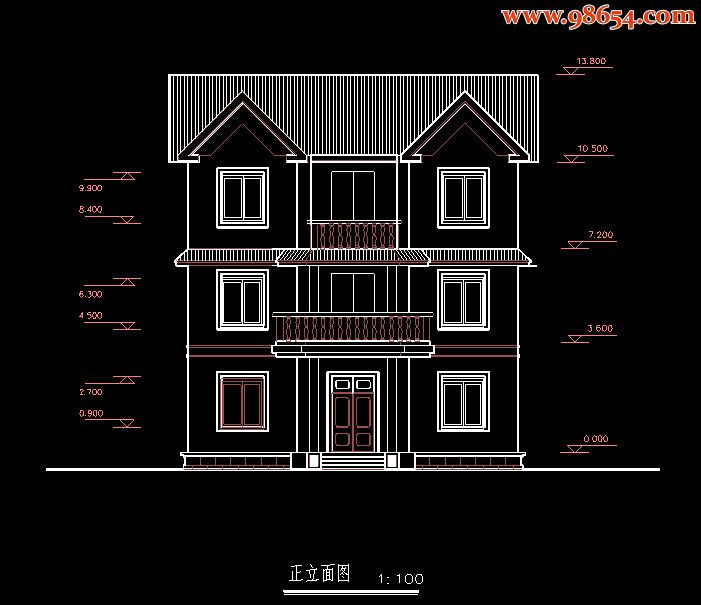 首层面积100平方米3层别墅施工图正立面图