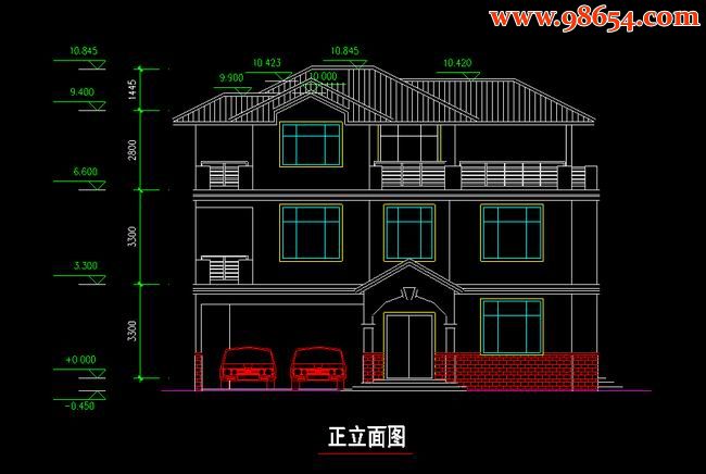 三层独立别墅详细设计图正立面图