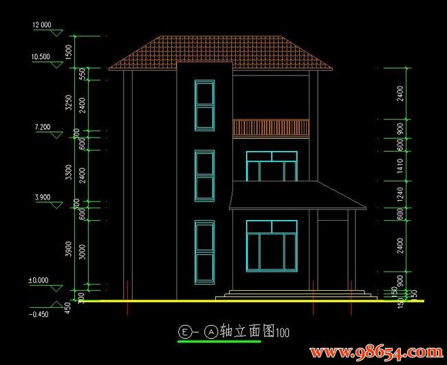 首层面积185平方米2层农村别墅建筑施工图正立面图