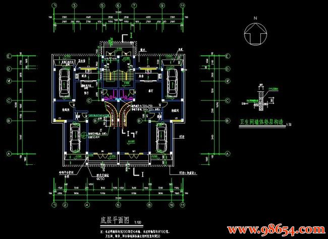 首层面积343平方米4层别墅建筑施工图一楼平面图