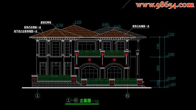 两层5室3厅5卫C型别墅建筑设计图正立面图