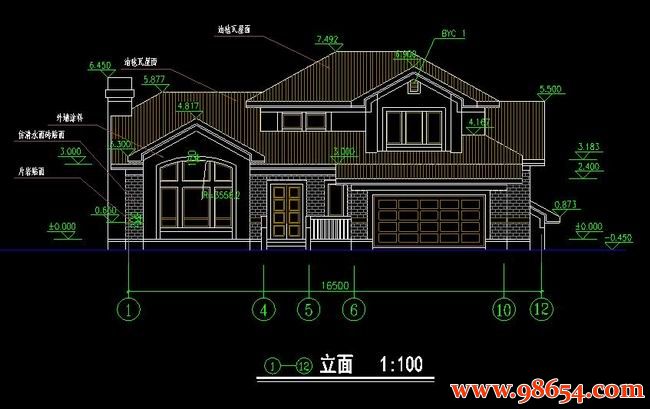 首层面积192平方米3层别墅施工图正立面图