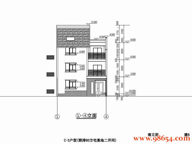 首层面积84平方米3层住宅全套设计图正立面图