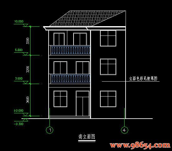 首层面积89平方米3层别墅设计施工图正立面图