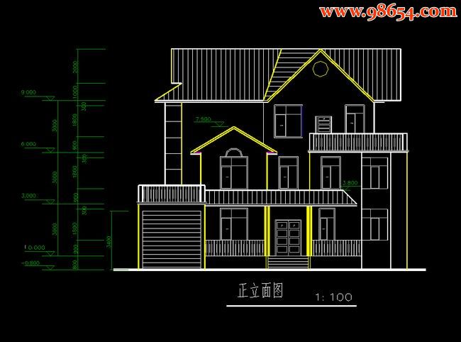 三层新农村自建别墅的方案正立面图