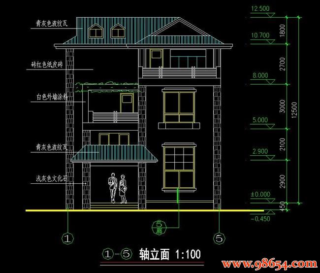 首层面积137平方米3层新农村别墅施工图正立面图