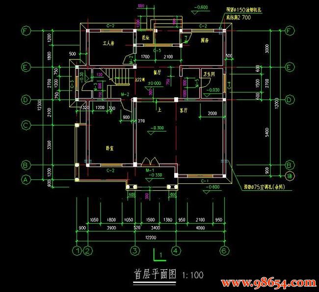 首层面积150平方米3层别墅建筑施工图一楼平面图