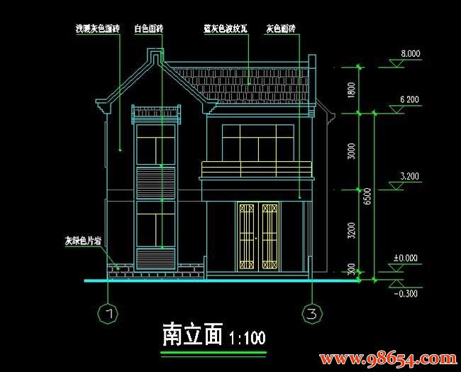 首层面积77平方米2层农村别墅建筑施工图正立面图