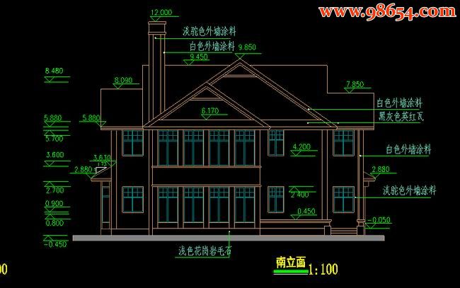 首层234平米2层东方花园C型别墅建筑图正立面图