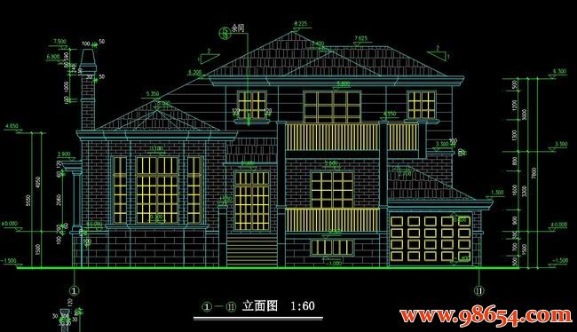 首层面积218平方米2层带地下室独栋别墅方案正立面图