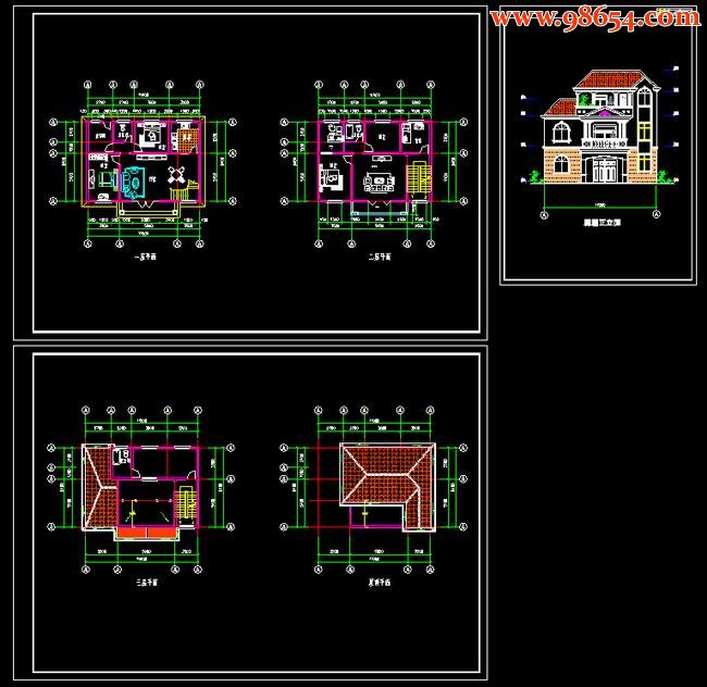 首层90平米3层小别墅建筑施工图全套预览图