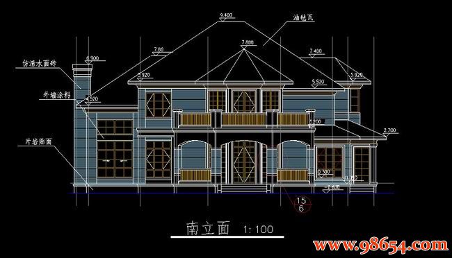 首层面积330平方米2层独立别墅施工图正立面图