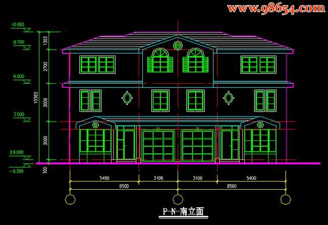 首层面积80平方米3层双拼别墅施工图正立面图