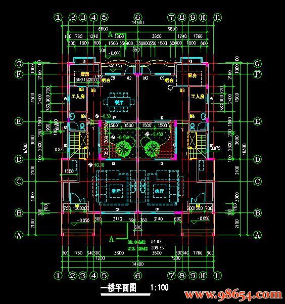 首层面积234平方米3层双拼别墅设计施工图一楼平面图