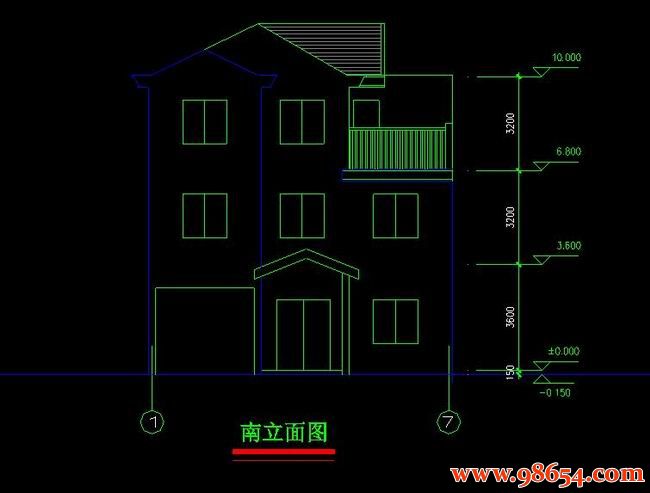 首层面积110平方米3层别墅设计施工图正立面图