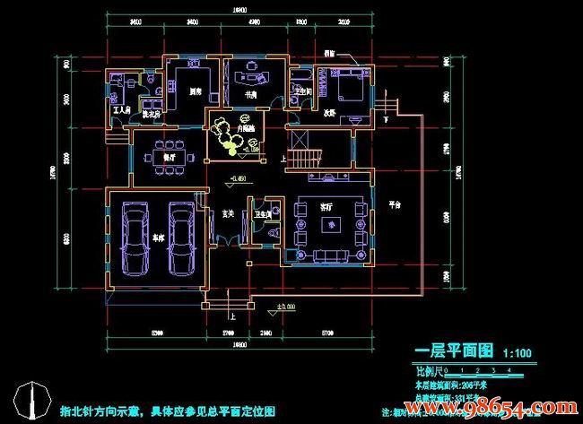 首层面积246平方米2层别墅建筑施工图一楼平面图