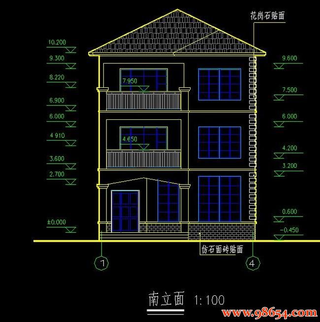 首层面积103平方米3层别墅全套建筑结构设计图正立面图