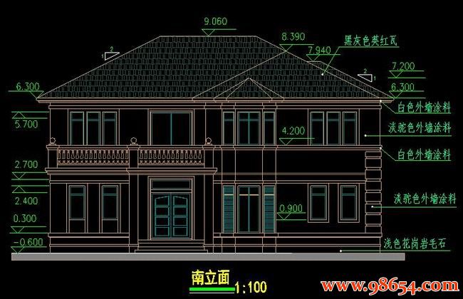 首层面积198平方米2层全套别墅施工图正立面图