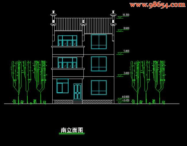 三层别墅(带庭院)徽派风格建筑平立面CAD图纸正立面图