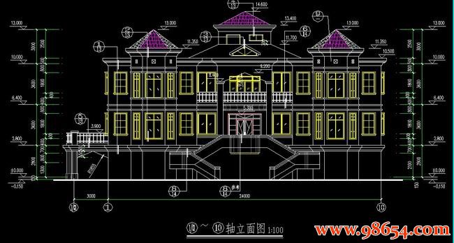 首层面积432平方米3层大型豪华住宅别墅施工图正立面图