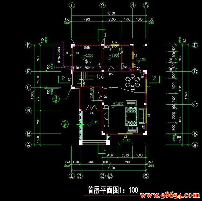 首层面积137平方米3层新农村别墅施工图一楼平面图