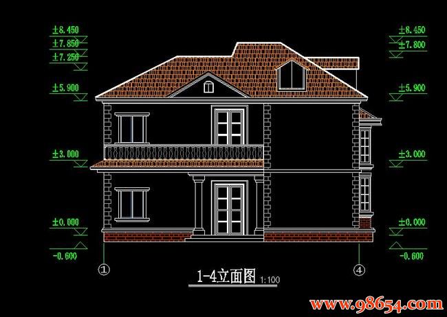 首层面积68平方米2层农村小别墅施工图正立面图