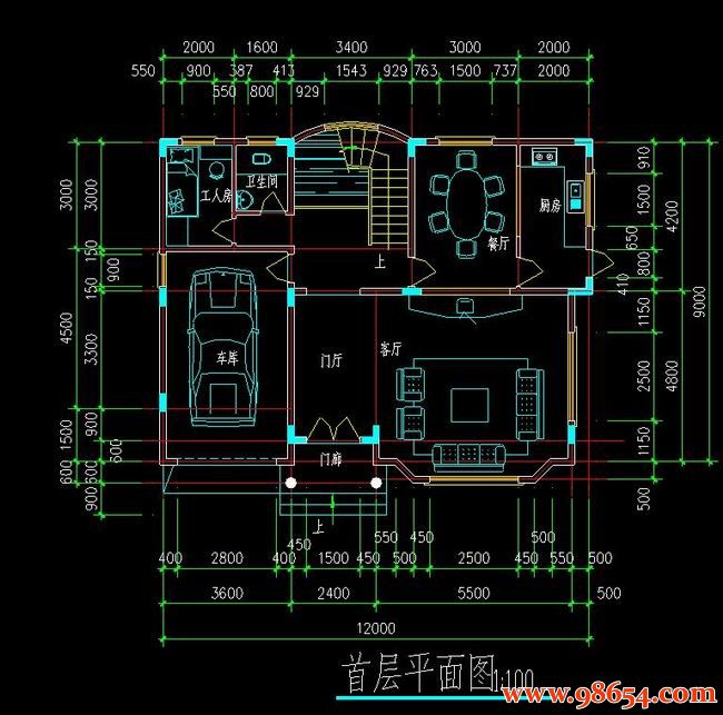 首层面积108平方米3层新农村独栋自建别墅设计图一楼平面图