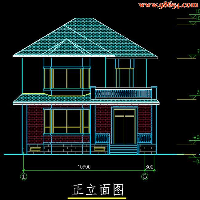 两层6室3厅3卫某私人别墅设计图正立面图