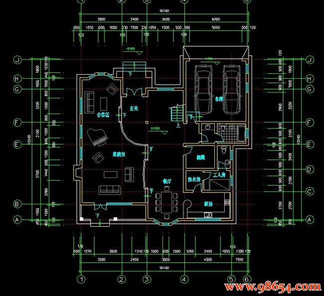 首层面积249平方米2层A3型高级别墅建筑施工图一楼平面图