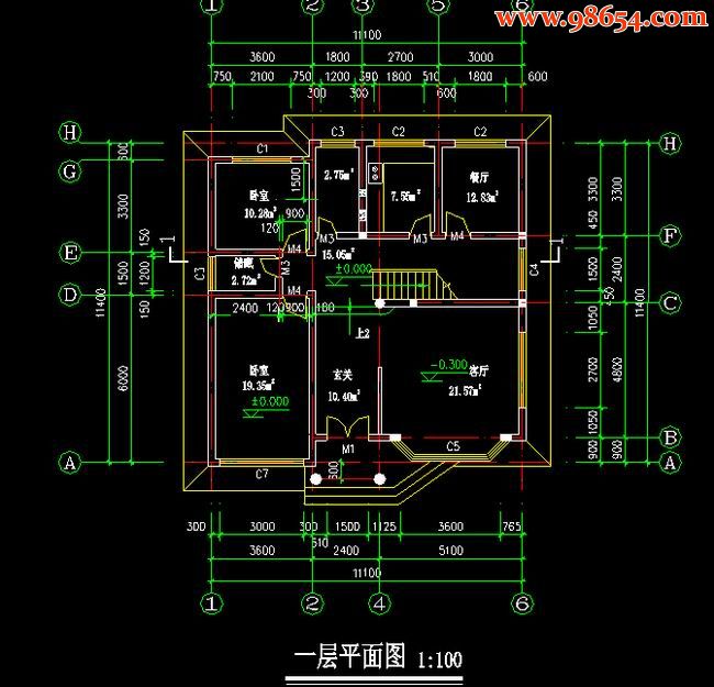 首层126平米2层带夹层别墅施工图一楼平面图