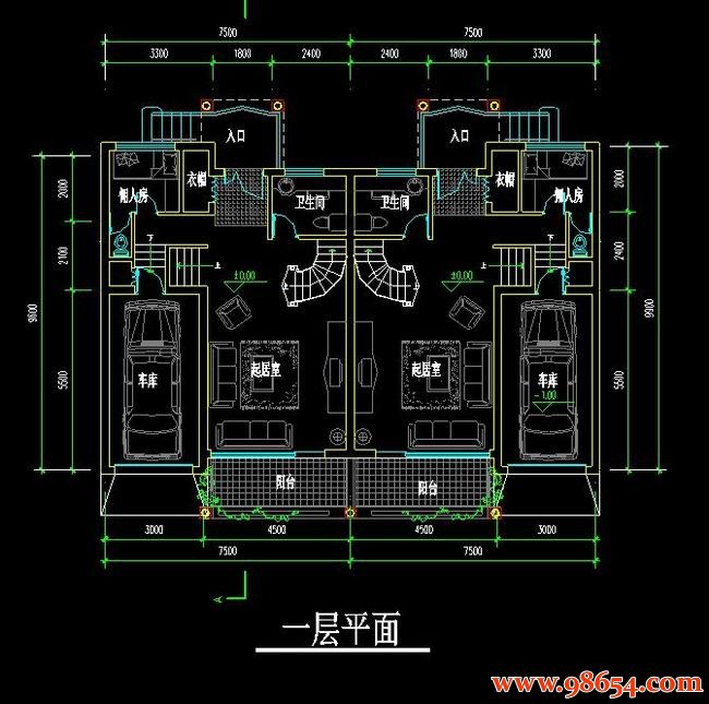 首层面积148平方米3层农村双拼别墅设计图一楼平面图