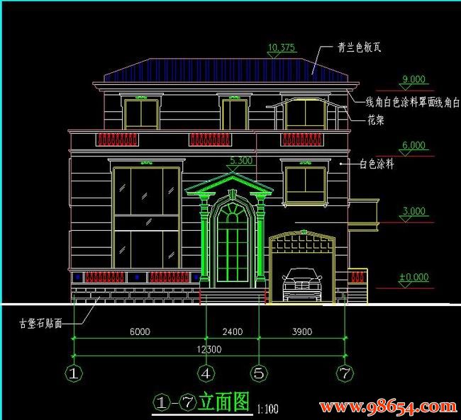 首层面积161平方米3层农村别墅建施图正立面图