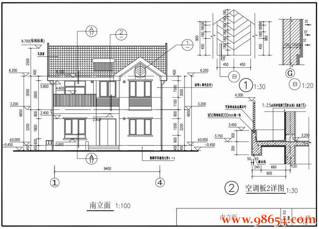 首层面积108平方米2层农村低层住宅施工图正立面图